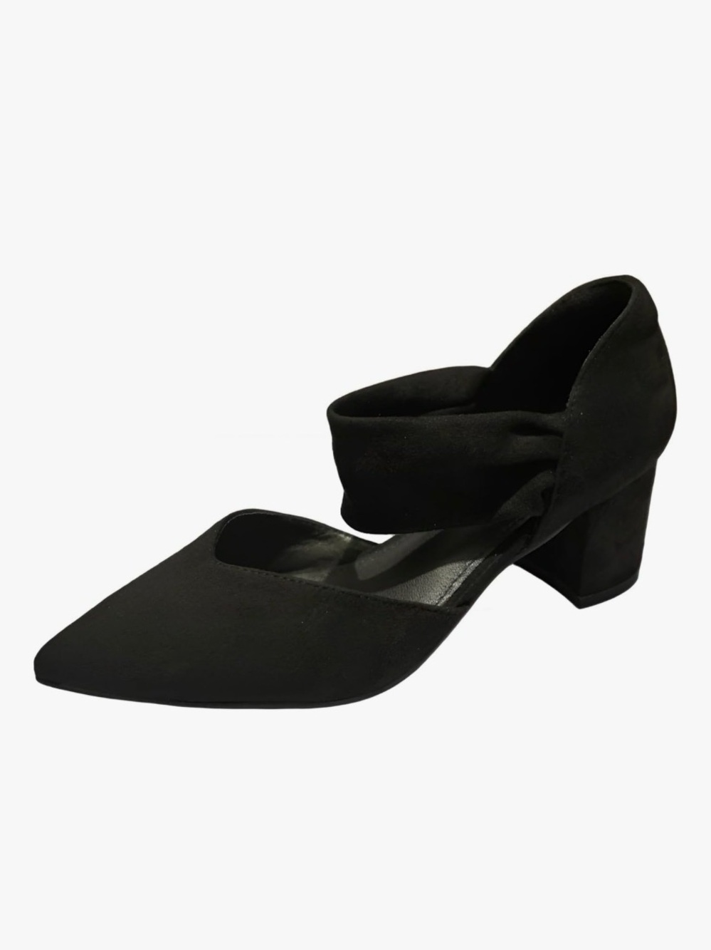 Classic Black Pointed Toe Block Heel Pumps with Ankle Wrap